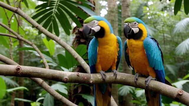 Beautiful macaw parrots perched on branch in tropical rainforest wildlife birds nature video clip 100