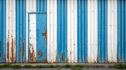 a weathered blue white striped metal door with rust spots