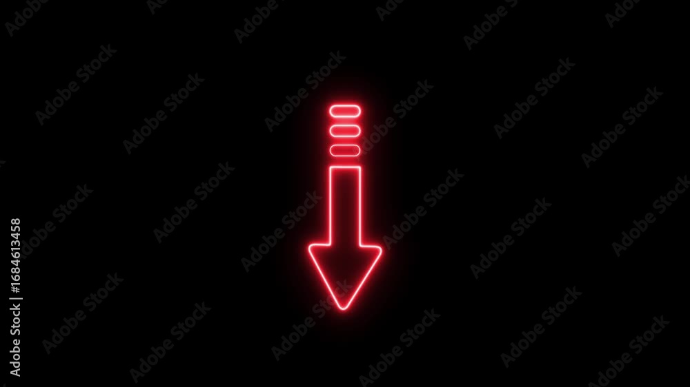 Poster down arrow icon animation. up to down rendering. neon red color arrow symbol icon. glowing neon ligh