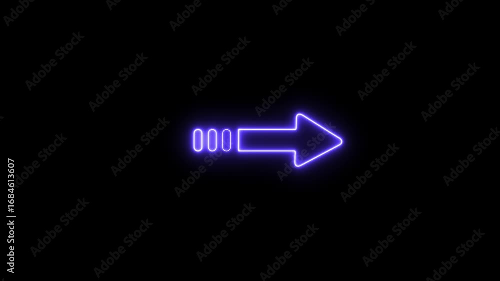 Poster neon right arrow icon animation. left to right rendering. neon arrow symbol icon. glowing neon light