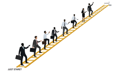Business people climbing ladder to success with message Just Start isolated PNG with Transparent Background