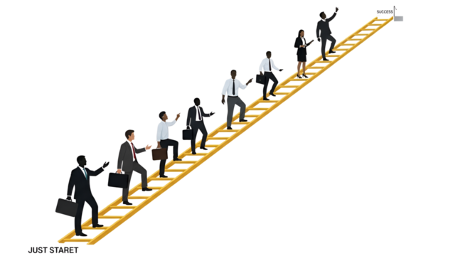 Business people climbing ladder to success with message Just Start isolated PNG with Transparent Background - Powered by Adobe