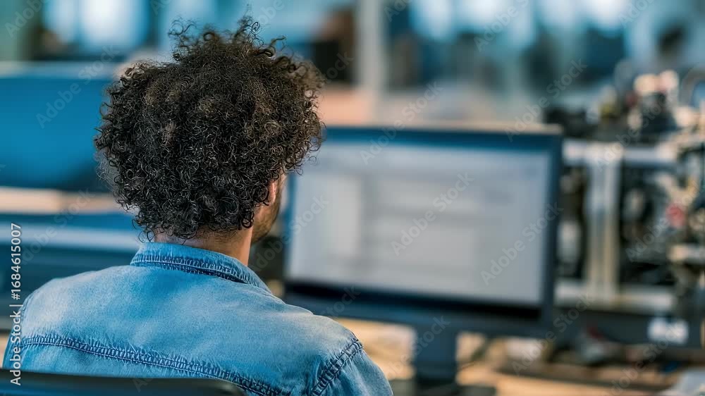 Poster technician viewing backup restore verification software interface on a monitor focused midlevel shot