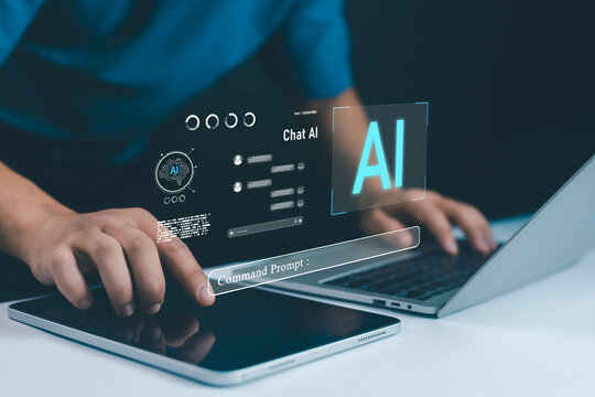 Artificial intelligence and chat AI technology concept with futuristic interface on tablet and laptop, symbolizing chatbot, machine learning, digital assistant, automation, and smart communication.