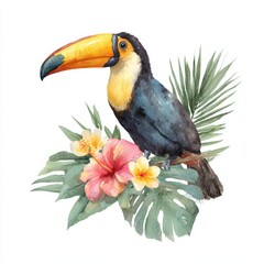 Obraz premium Toucan Clip Art. Watercolor Illustration of Exotic Bird with Tropical Palm Leaves and Flowers