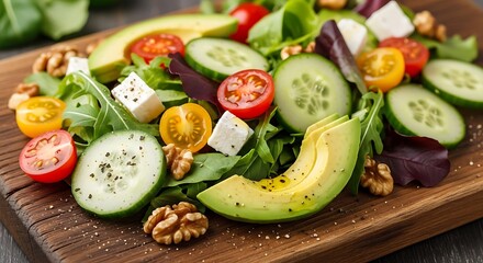 Fresh Vegetable Salad with Cherry Tomatoes Cucumber Lettuce and Avocado on Wooden Board