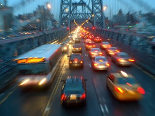 Fototapeta premium Traffic Jam New York. Rush Hour on Williamsburg Bridge with Blurred Urban Background