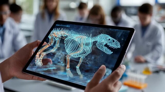Clear medium shot capturing a digital tablet showing an interactive augmentedreality animal dissection with blurred students and lab tools forming the indistinct backdrop.