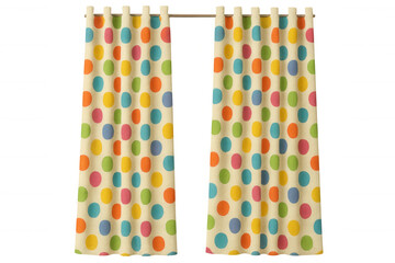 Polka dot curtains bringing cheerful pattern, decorative fabric hanging with colorful circular design against transparent backdrop