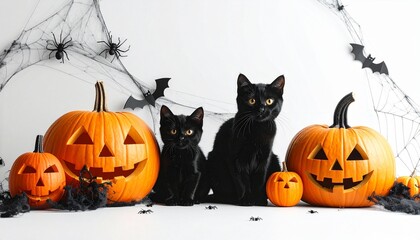 Halloween setup with jack-o'-lanterns, black cats, and spooky wall decor — festive and eerie scene.