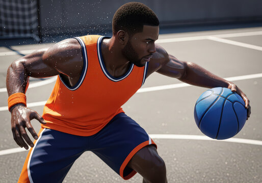 Focused Basketball Player Dribbling on Outdoor Court with Intensity and Determination - Powered by Adobe