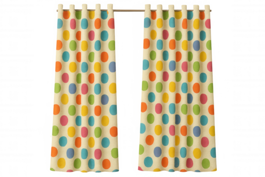 Polka dot curtains bringing cheerful pattern, decorative fabric hanging with colorful circular design against transparent backdrop