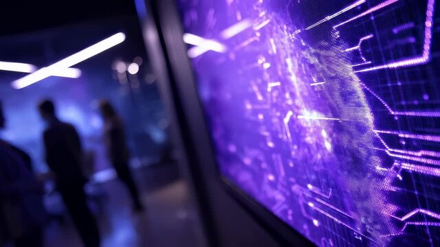 Medium shot of an interactive screen featuring adversary emulation patterns illuminated in purple hues with teammates in the background blurred.
