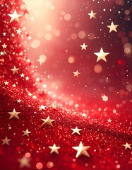 Red glitter background with gold stars and bokeh