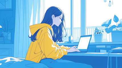 モダンアニメスタイル 女性がノートパソコンに向かって集中して作業するシーン 在宅勤務やオンライン授業を表現するイラスト 部屋のインテリアや自然光に彩られた穏やかな雰囲気
