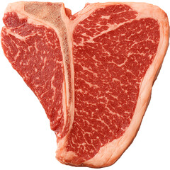 Raw T-bone steak on white background, top-down view, rich marbling, premium cut for gourmet grilling.