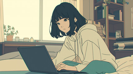 日本のアニメ風デザイン 自宅でパソコン作業をする女性キャラクター 窓から光が差し込む穏やかな部屋 観葉植物や本に囲まれたワークスペース リモートワークやオンライン学習のイメージ素材
