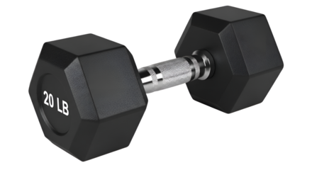 Single black dumbbell with 20 LB weight isolated PNG with Transparent Background