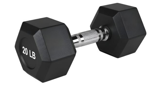 Single black dumbbell with 20 LB weight isolated PNG with Transparent Background - Powered by Adobe