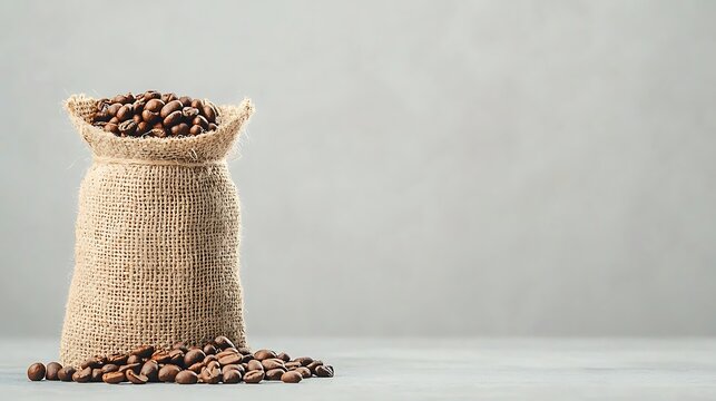 Burlap sack overflowing with roasted coffee beans on a light gray background