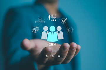 CRM customer relationship management concept with business icons, symbolizing client engagement,...