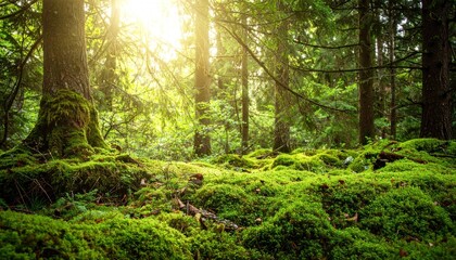 Lush Green Forest Sunlight Filtering Through Trees Mossy Ground