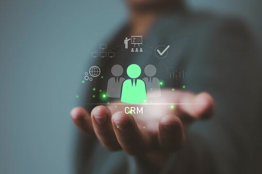 CRM customer relationship management concept with digital business icons, symbolizing client engagement, marketing analytics, customer loyalty, sales strategy, and modern business solutions human