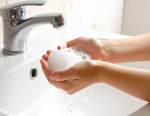 Child washing hands with soap and water in bathroom sink
