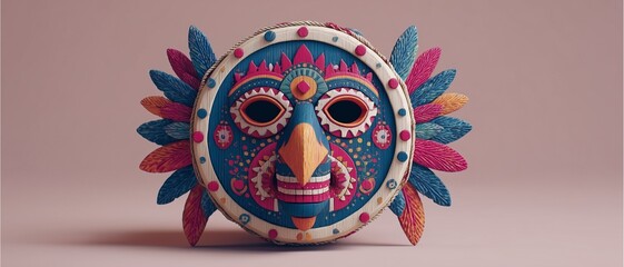 Colorful tribal mask with feathers and ethnic wooden design