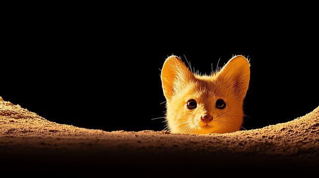 Adorable fennec fox peeking out of sandy burrow
