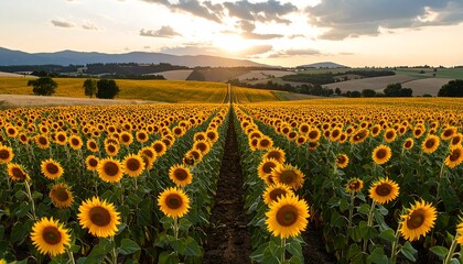 Obraz premium A vast field of sunflowers stretches towards the horizon at sunset, bathed in golden light.