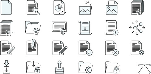 Modern business icons for documents, finance, and workflow management on white background