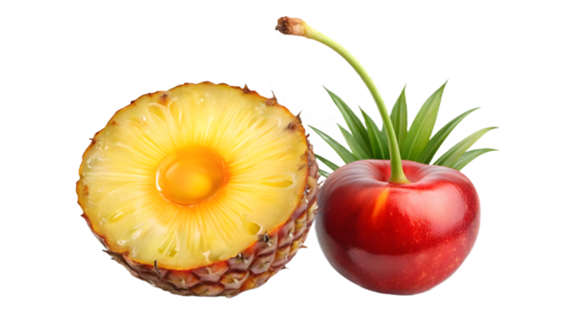 Pineapple and cherry isolated on transparent background, a tropical and sweet fruit combination
