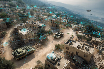 Digital battlefield with tanks and drones near a village