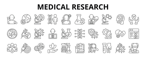 30 Medical Research Line Icons Vector - Clinical Trial, Pharmacology, Physiology, Neurology, Radiology, Lab Result, Healthcare Innovation