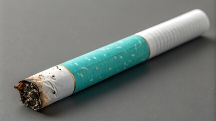 a single cigarette with teal filter resting on gray surface