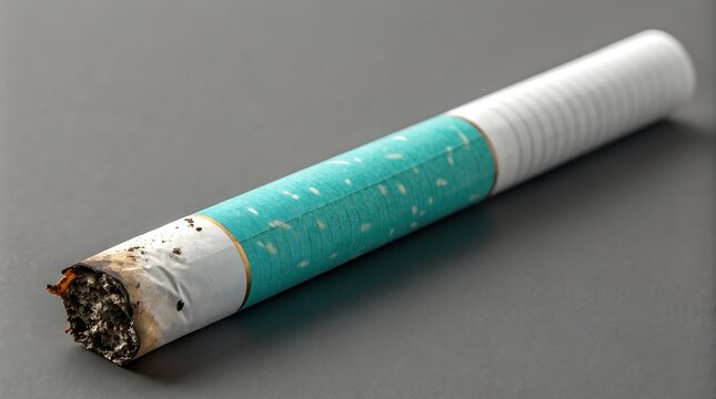 a single cigarette with teal filter resting on gray surface