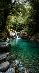 Crystal clear waterfall pool in lush green forest