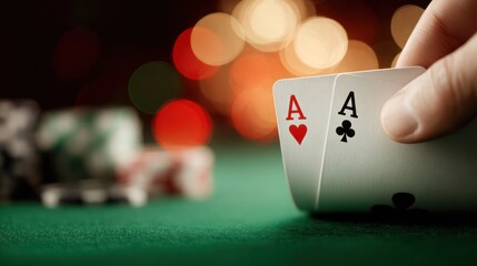 Two Aces Playing Cards Hand Casino Poker Game Bokeh Background
