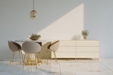 A light-filled dining area with a round marble table and beige chairs.