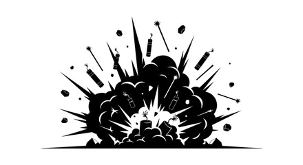 black and white explosion illustration firecrackers, smoke, and powerful impact, perfect for action scenes and dynamic designs