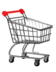 A shopping cart, rendered in black and white, features a red handle and is presented on a plain white background.