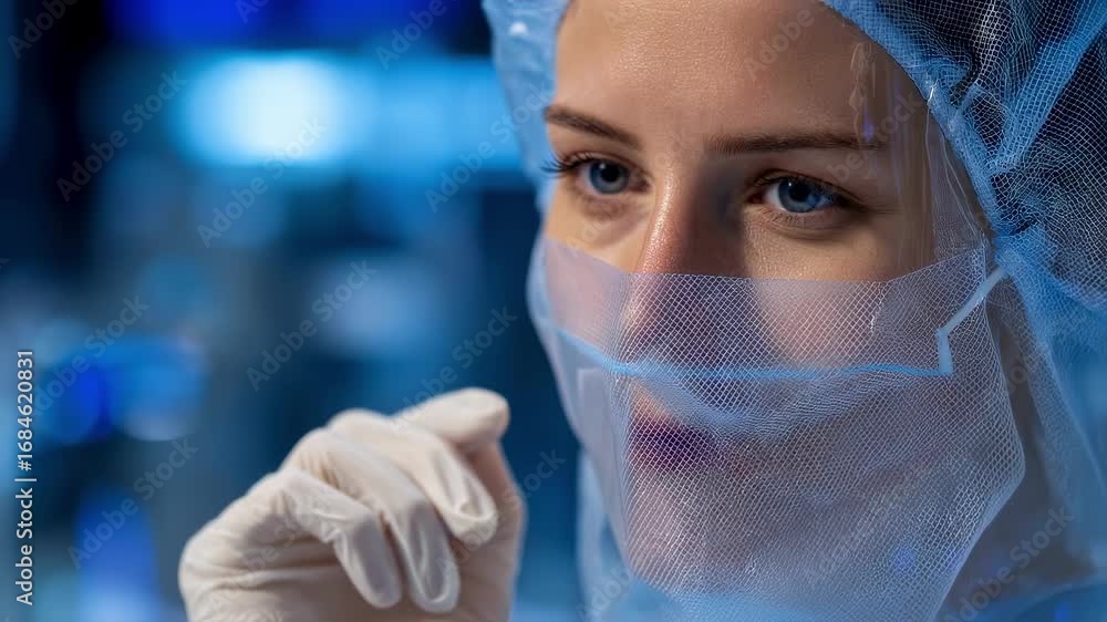 Aufkleber medium frame showing a genetherapy gmp technician adjusting a protective face mask in an iso7 suite 