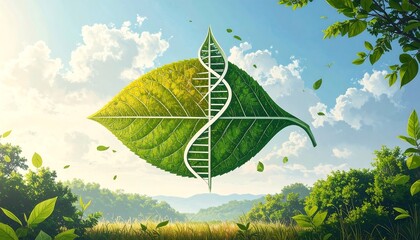 A vibrant leaf, embodying nature's genetic structure, floats against a backdrop of lush greenery and a bright sky.