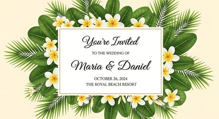 Tropical Wedding Invitation Featuring Frangipani Flowers and Lush Greenery
