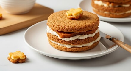 Stack of Large Chocolate Chip Cookies with Cream Filling on White Plate in Bright Kitchen
