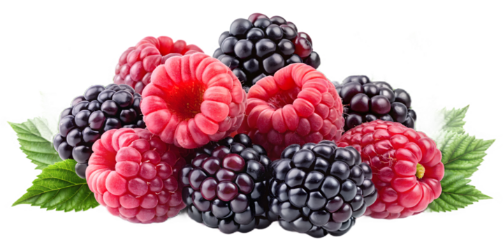 Pile of fresh raspberries and blackberries with leaves isolated on transparent background