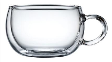 Transparent glass tea cup with handle isolated on white background
