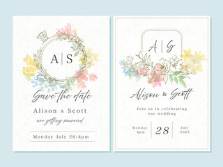 Wedding invitation card set with hand drawn minimal botanical line art. Elegant floral frames and watercolor floral illustrations.