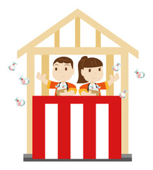 上棟式で餅まきをする若い男性と女性のイラスト